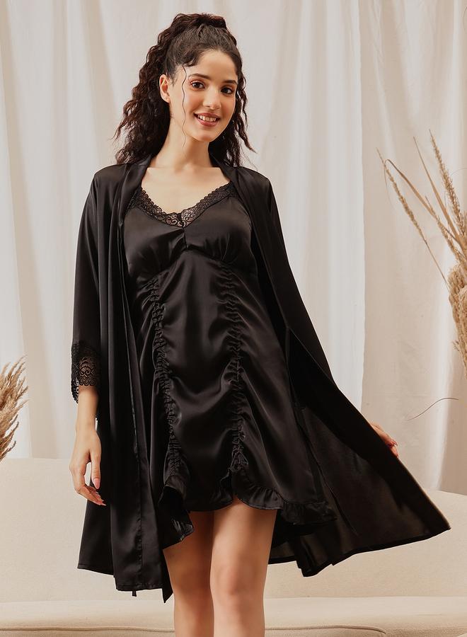 Clovia Women Black Padded Satin Nightdress with Robe Set - Image 3